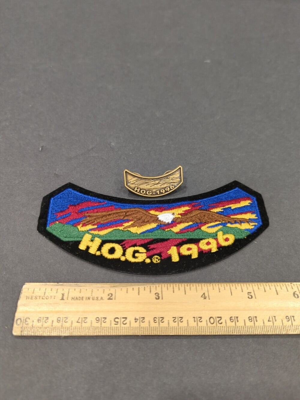 HARLEY DAVIDSON OWNERS GROUP 1996 HOG VEST JACKET PATCH AND PIN